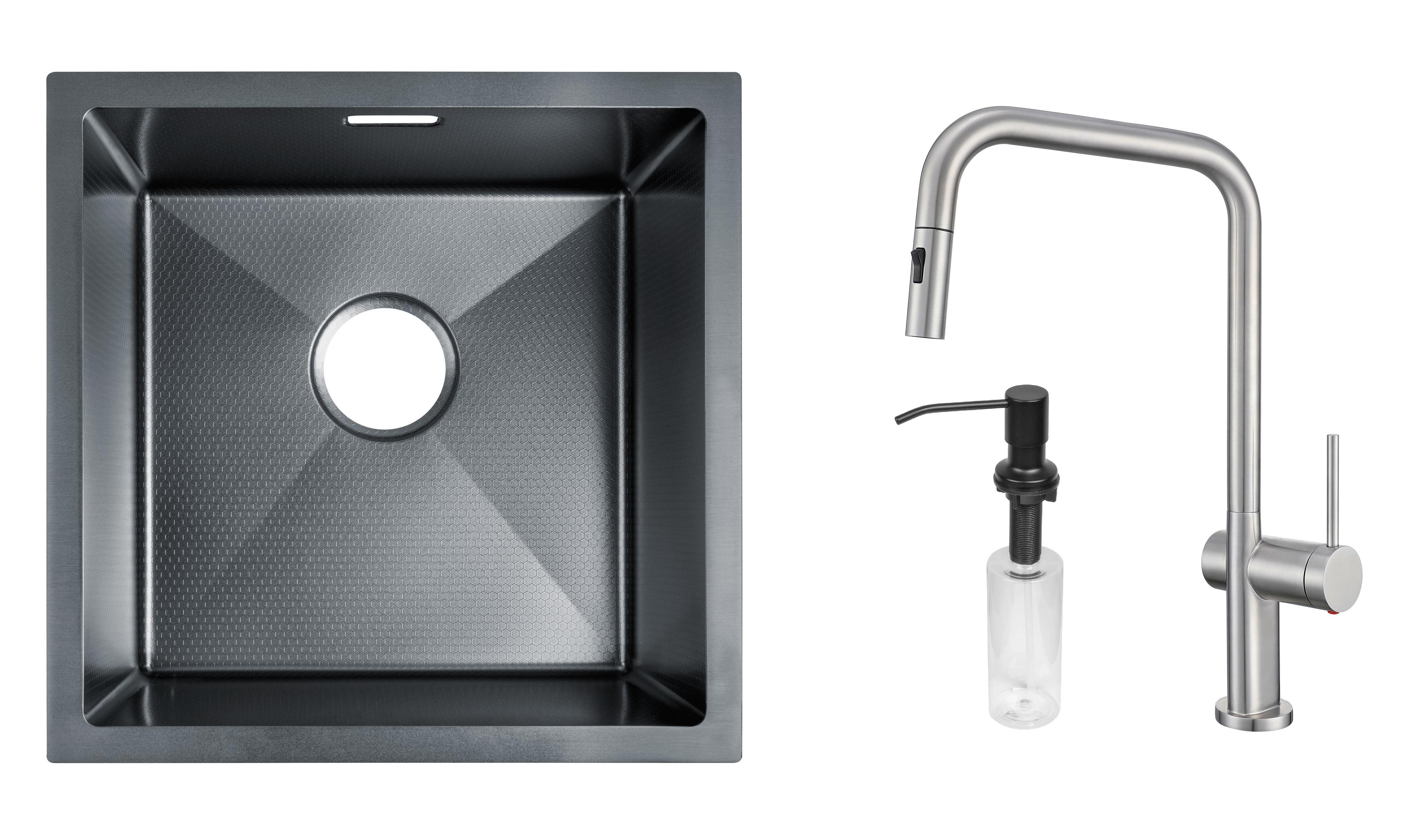 Комплект из кухонной мойки Gunter&Hauer Olef 4522 Black Honey кухонного смесителя Gunter&Hauer BRUNNEN Br и дозатора Gunter&Hauer Soap Dispenser Black