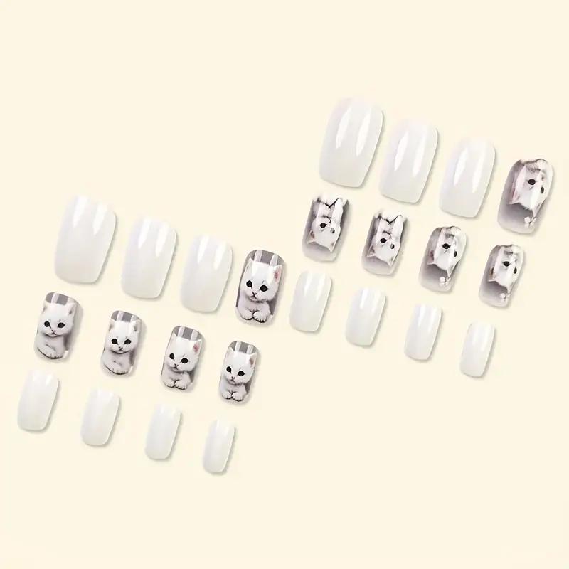 Набір накладних нігтів з дизайном Котики з клейовими пластинами 24 шт. Білий із сірим (2743174640) - фото 7
