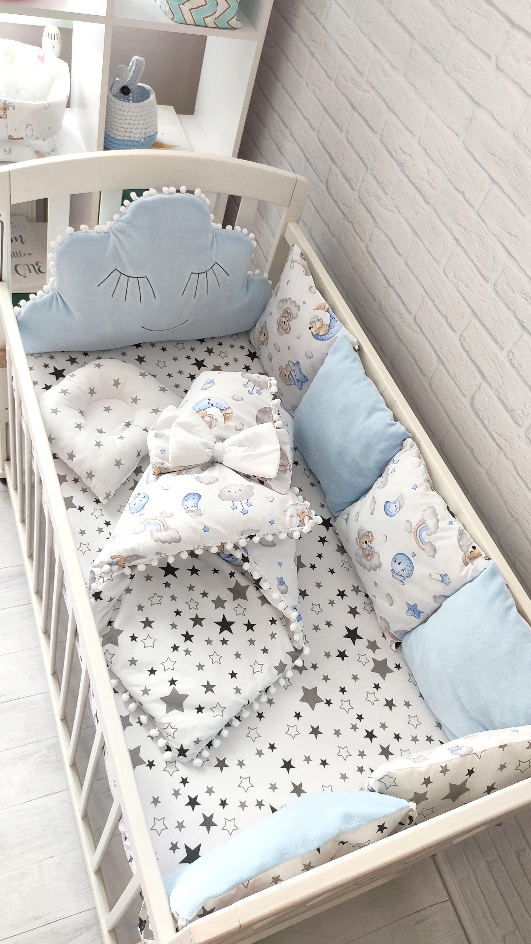 Набор бортиков в кровати Велюр Облако на три стороны Голубой - фото 4