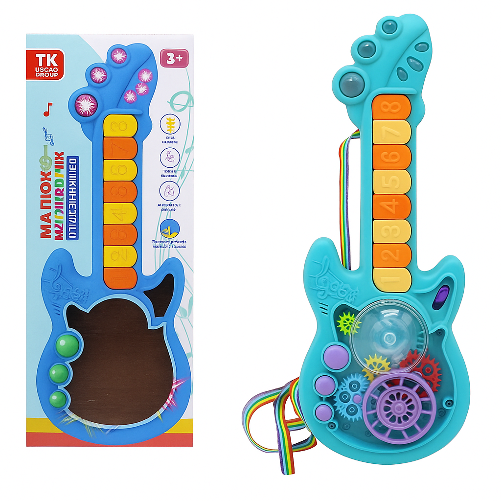 Дитяча музична гітара TK-14702 Малюк Музиченько зі світлом/звуком та шестернями Блакитний (30104929) - фото 2 Дитяча музична гітара TK-14702 Малюк Музиченько зі світлом/звуком та шестернями Блакитний (30104929) - фото 2