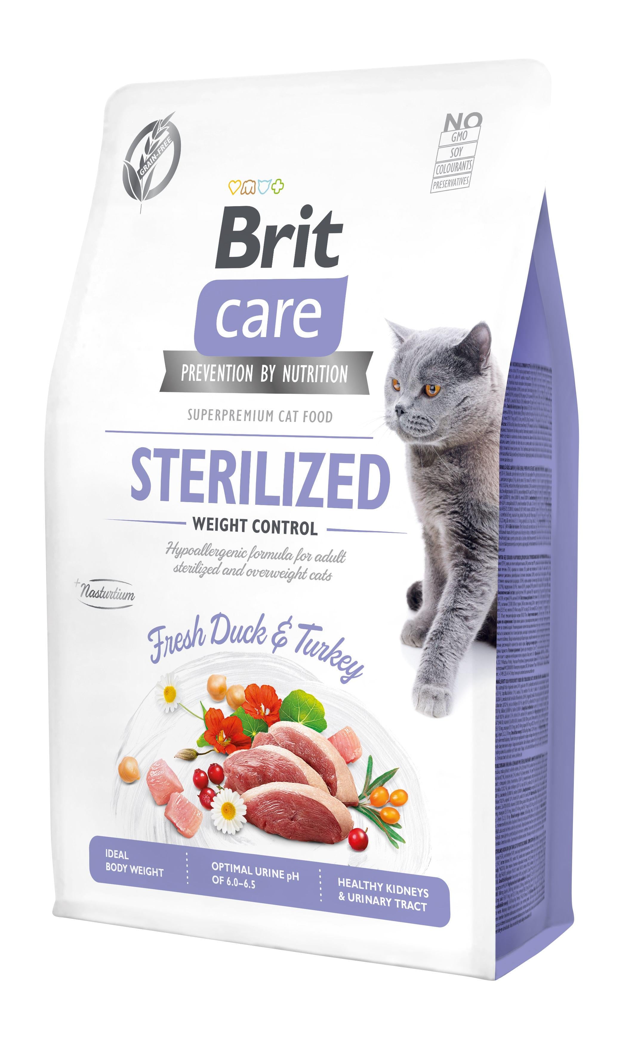 Корм сухой для стерилизованных котов и котов с избыточным весом Brit Care Cat GF Sterilized Weight Control с уткой и индейкой 2 кг (8595602540792)