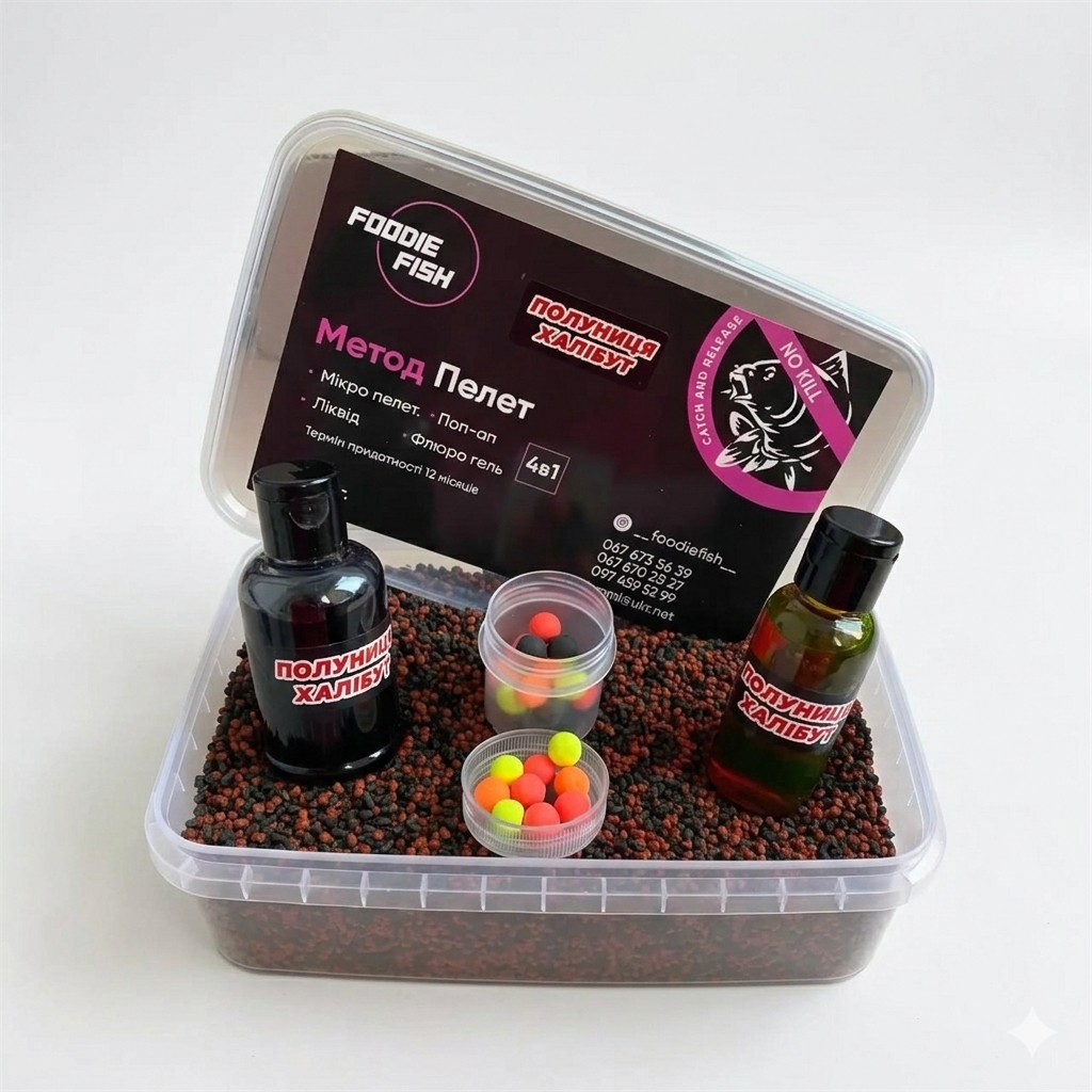 Методный пеллетс метод микс Foodie Fish клубника-халибут 4в1 500 г (2435399975)