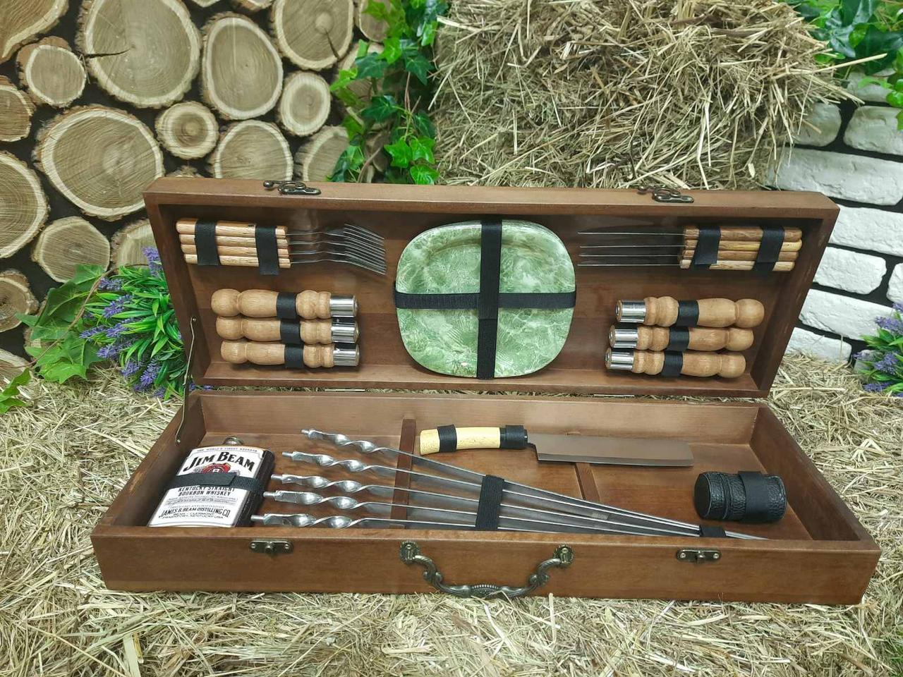 Набор разборных шампуров для мяса Profi с комплектом аксессуаров в деревянном кейсе 650х12х2, 5 мм 6 шт. (12318176)