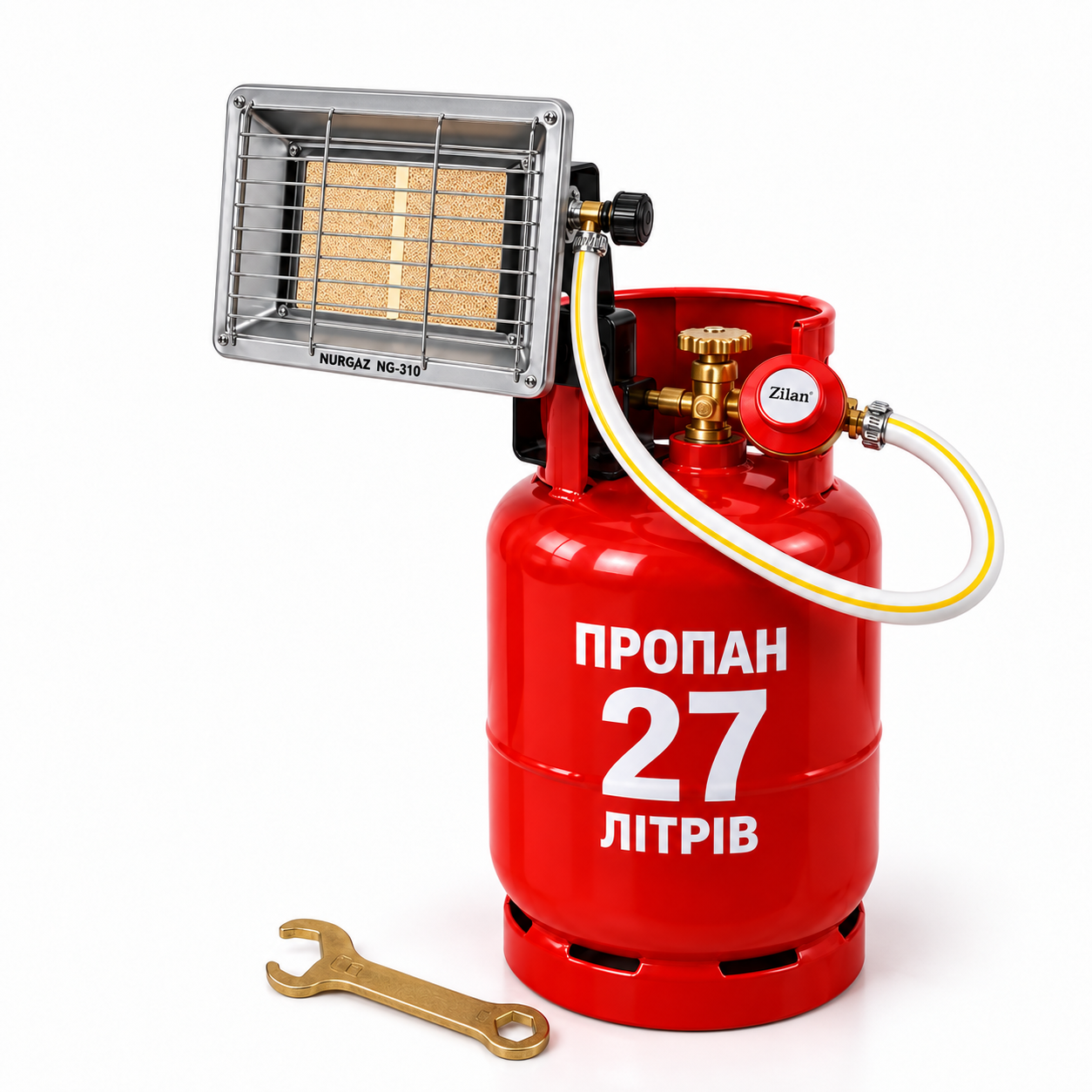 Комплект Nurgaz NG-310 на кожусі балона 27 л редуктор Zilan/шланг 1 м/2 хомути та ключ (NEW-16) Комплект Nurgaz NG-310 на кожусі балона 27 л редуктор Zilan/шланг 1 м/2 хомути та ключ (NEW-16)