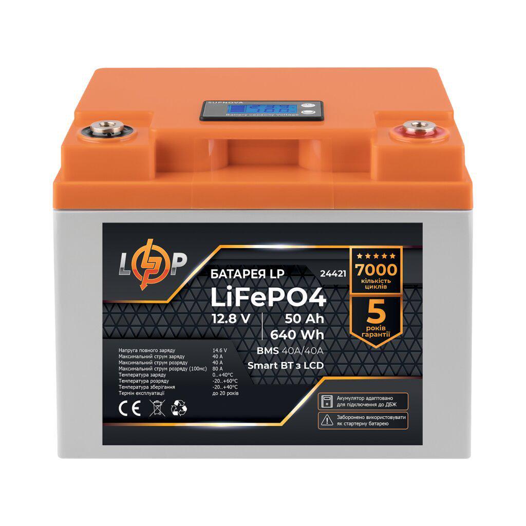 Акумулятор LogicPower LiFePO4 Smart BT пластик LCD 12,8V 50 Ah 640 Wh BMS 40/40А (29879732)