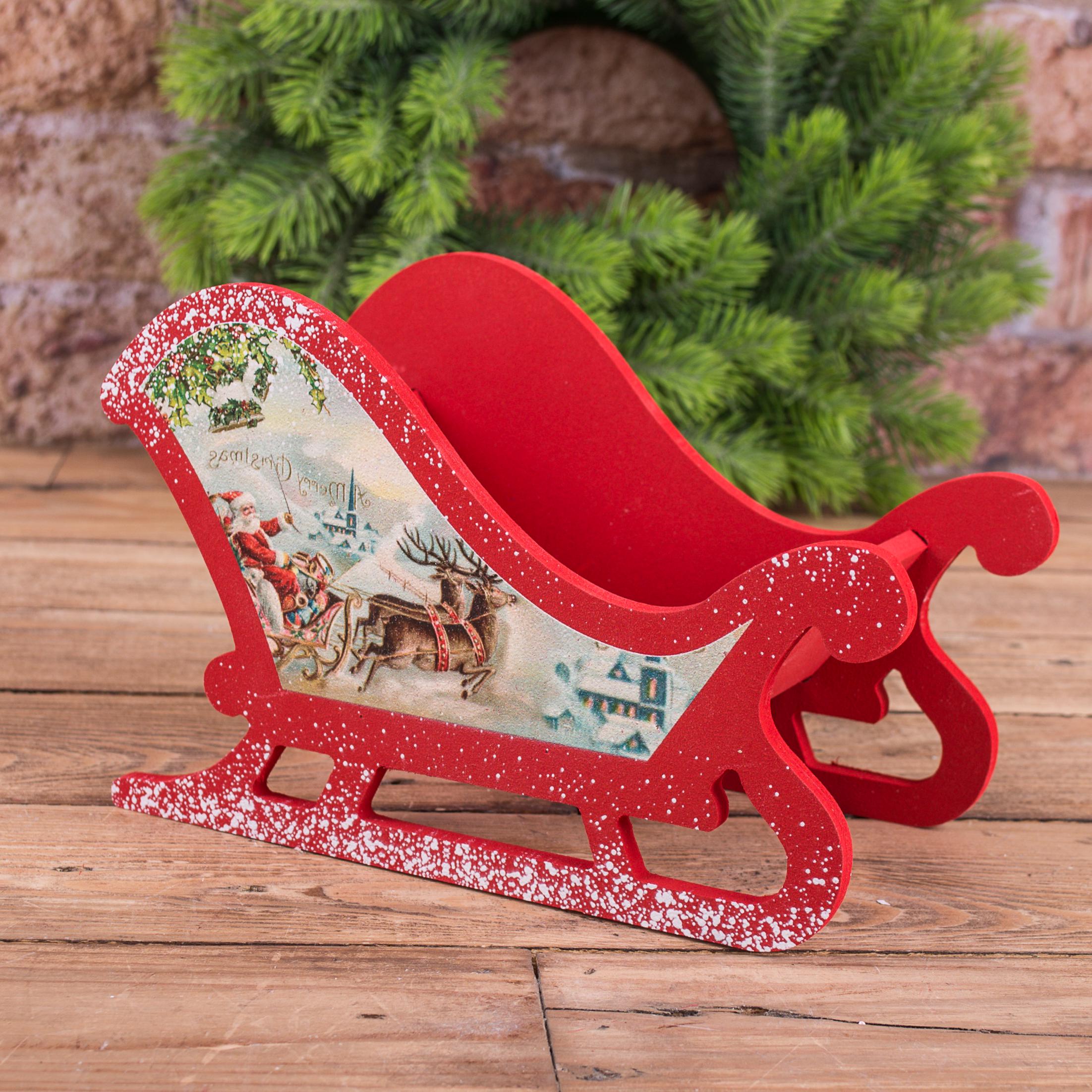 Санки деревянные с ретро рисунками Красный (3496-1)