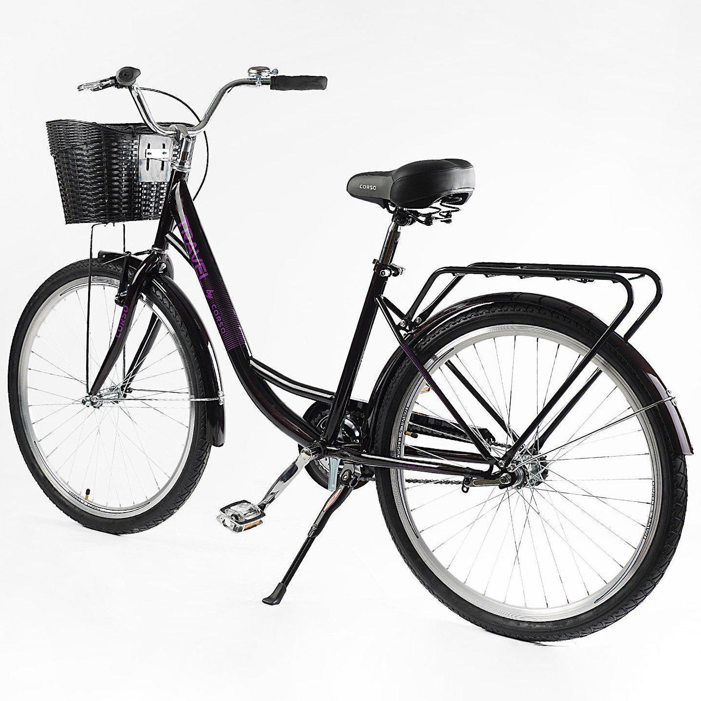 Велосипед городской Corso Travel с корзиной и багажником рама 16,5/26" Черно-фиолетовый - фото 3 Велосипед городской Corso Travel с корзиной и багажником рама 16,5/26" Черно-фиолетовый - фото 3