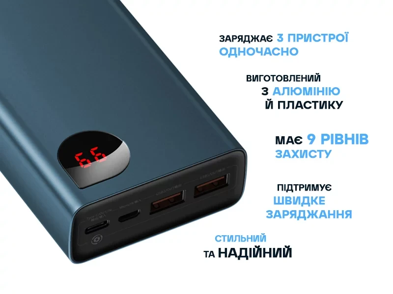 Повербанк для ноутбука BASEUS 65W Adaman Metal Digital 20000 mAh QC 3.0 Power Delivery - фото 2