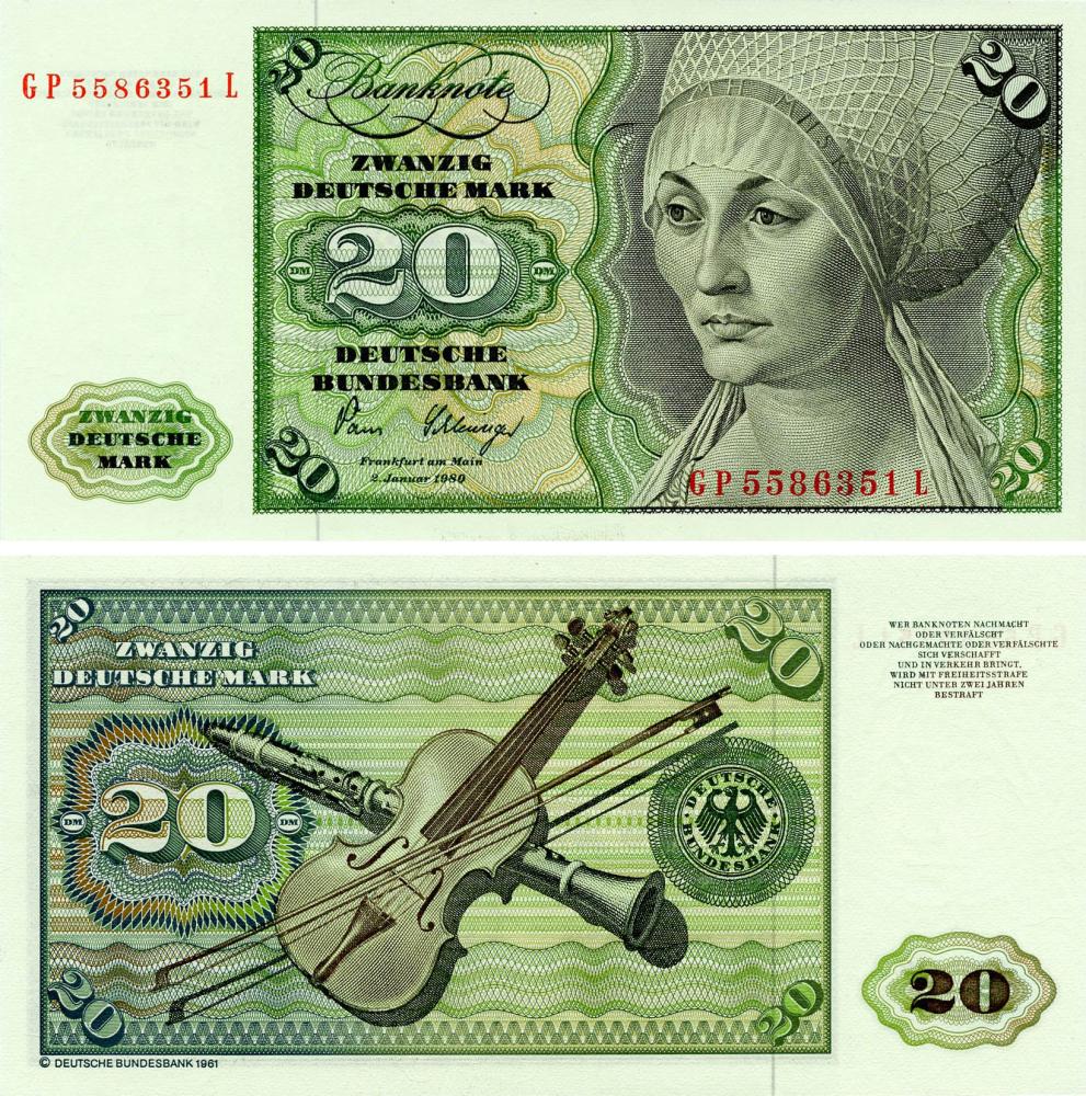 Коллекционная банкнота Германия 20 марок 1980 UNC ФРГ P32d (Б17976)