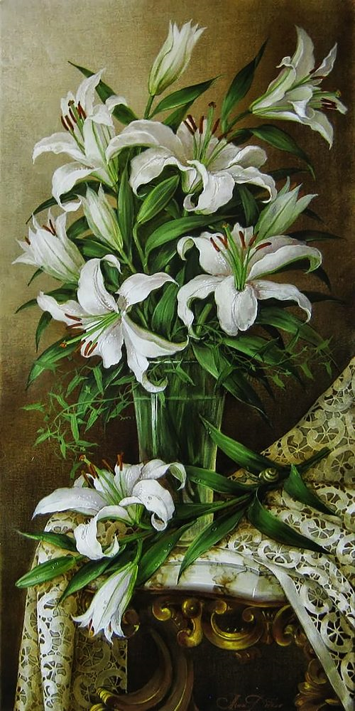 Алмазная мозаика Белые лилии полная выкладка квадратные камни без подрамника 30х60 см