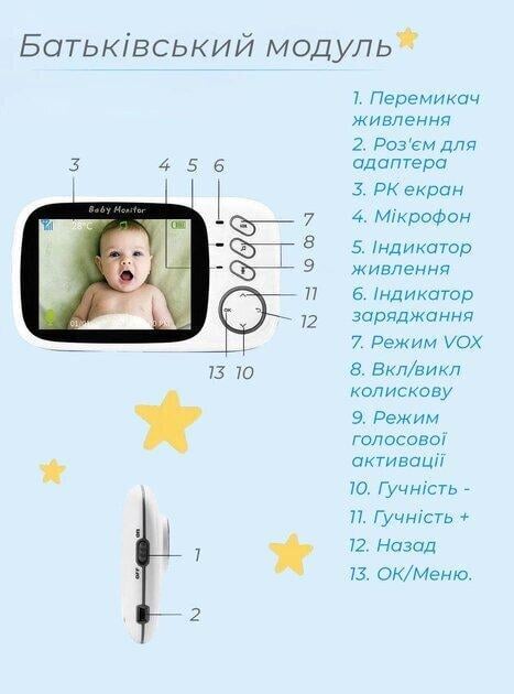 Відеоняня з датчиком звуку Baby Monitor VB603 / з портативним дисплеєм та вимірюванням температури Білий - фото 15