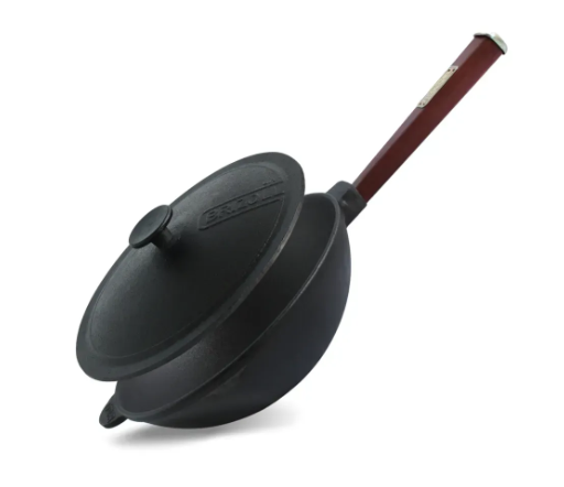 Сковорода чавунна Brizoll WOK з дерев'яною ручкою та чавунною кришкою 2,8 л Bordo (W26HP2-1)