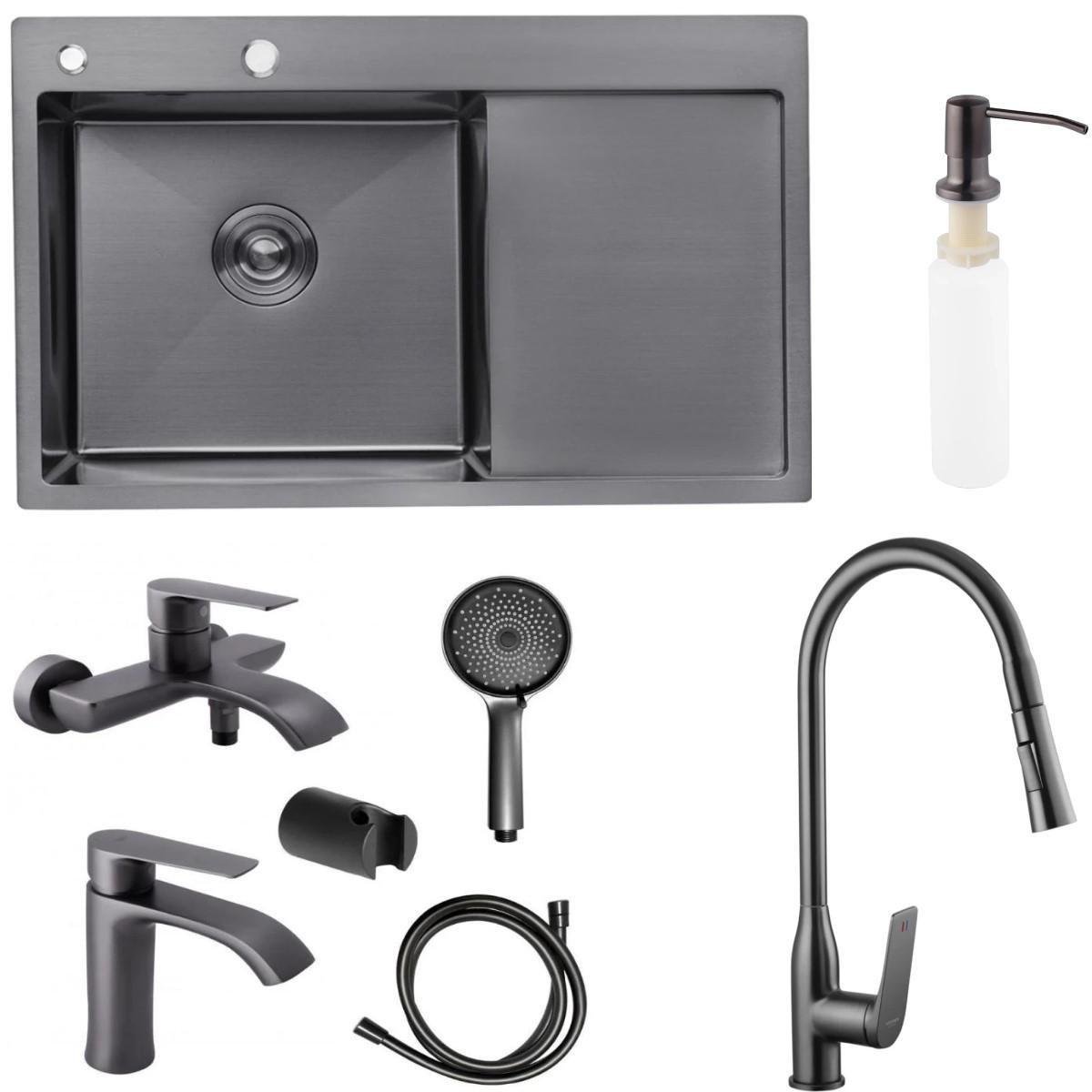 Мойка Kroner 7849 левая/кран с выдвижным изливом Kroner/кран для ванны/Qtap кран для умывальника