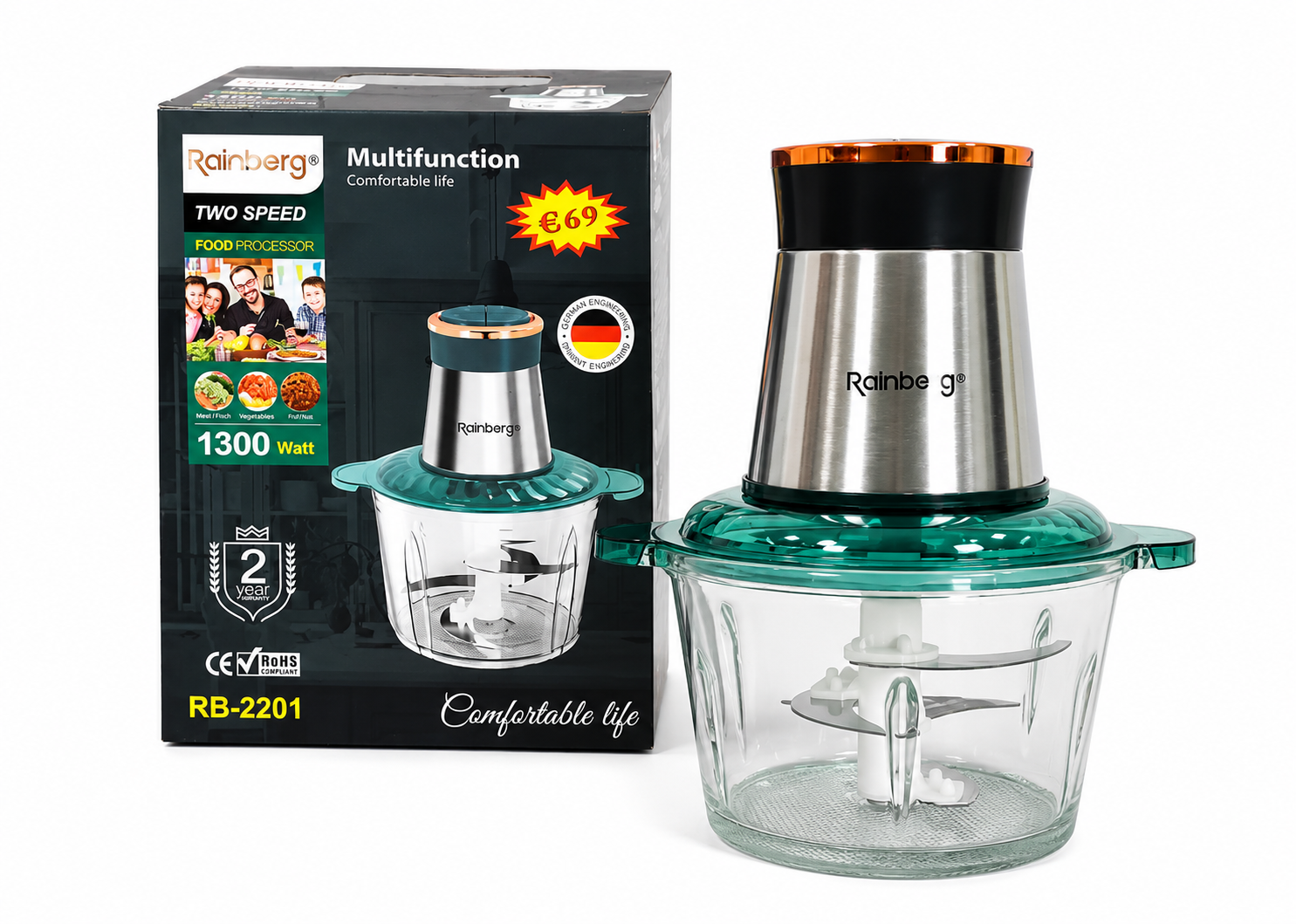 Измельчитель кухонный Rainberg RB-2201 1300 Вт со стеклянной чашей 2 л (ML-06380)