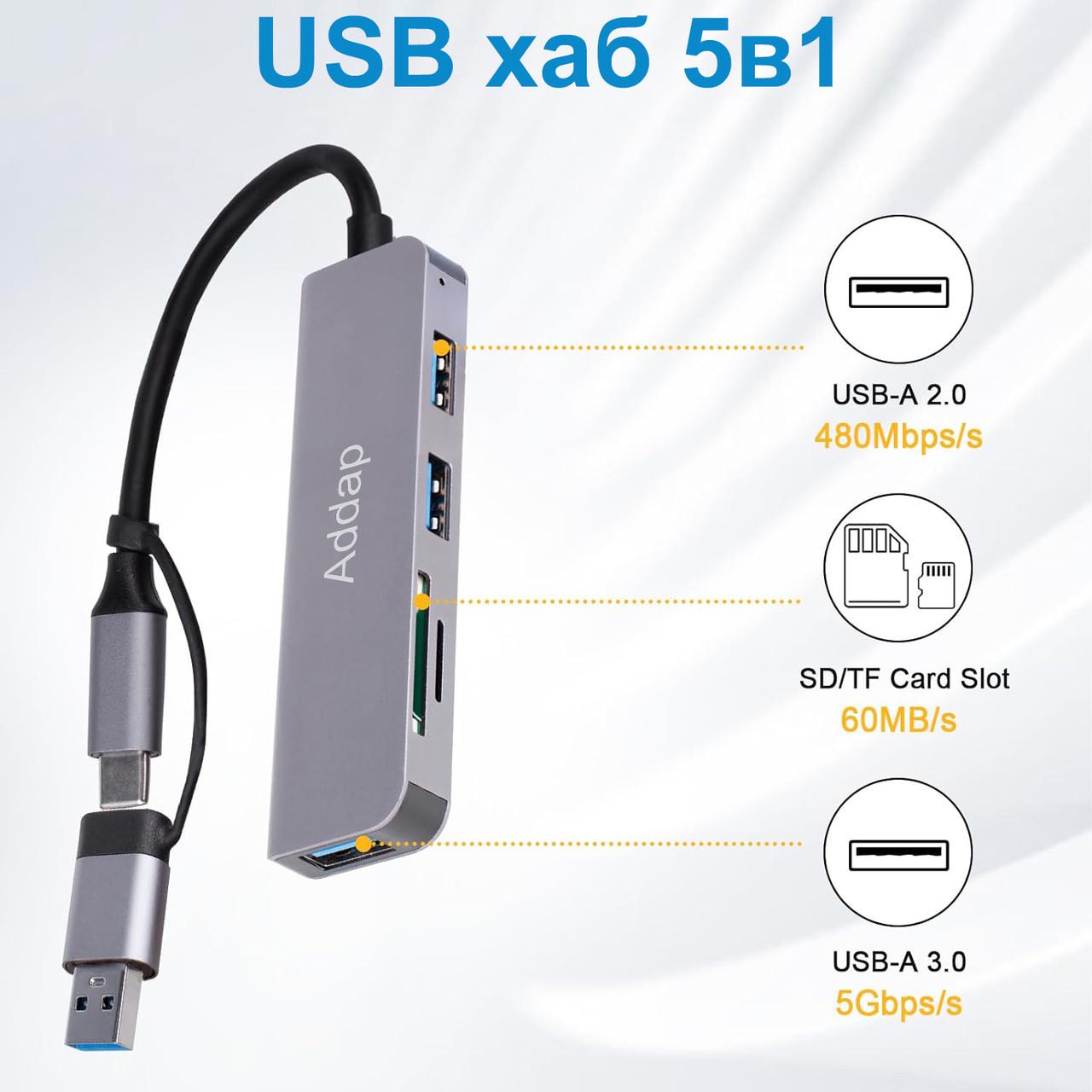 Разветвитель для ноутбука USB type-C Addap MH-14D 5в1 USB 3.0/USB 2.0/SD/MicroSD - фото 3 Разветвитель для ноутбука USB type-C Addap MH-14D 5в1 USB 3.0/USB 2.0/SD/MicroSD - фото 3