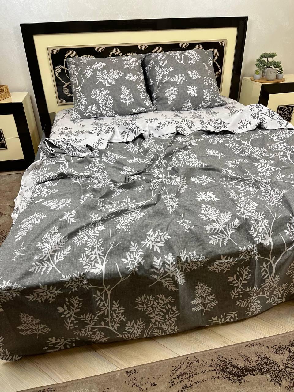 Комплект постільної білизни Тенерум Рослина простирадло на гумці двоспальне 180x200х20/50х70 см Сірий