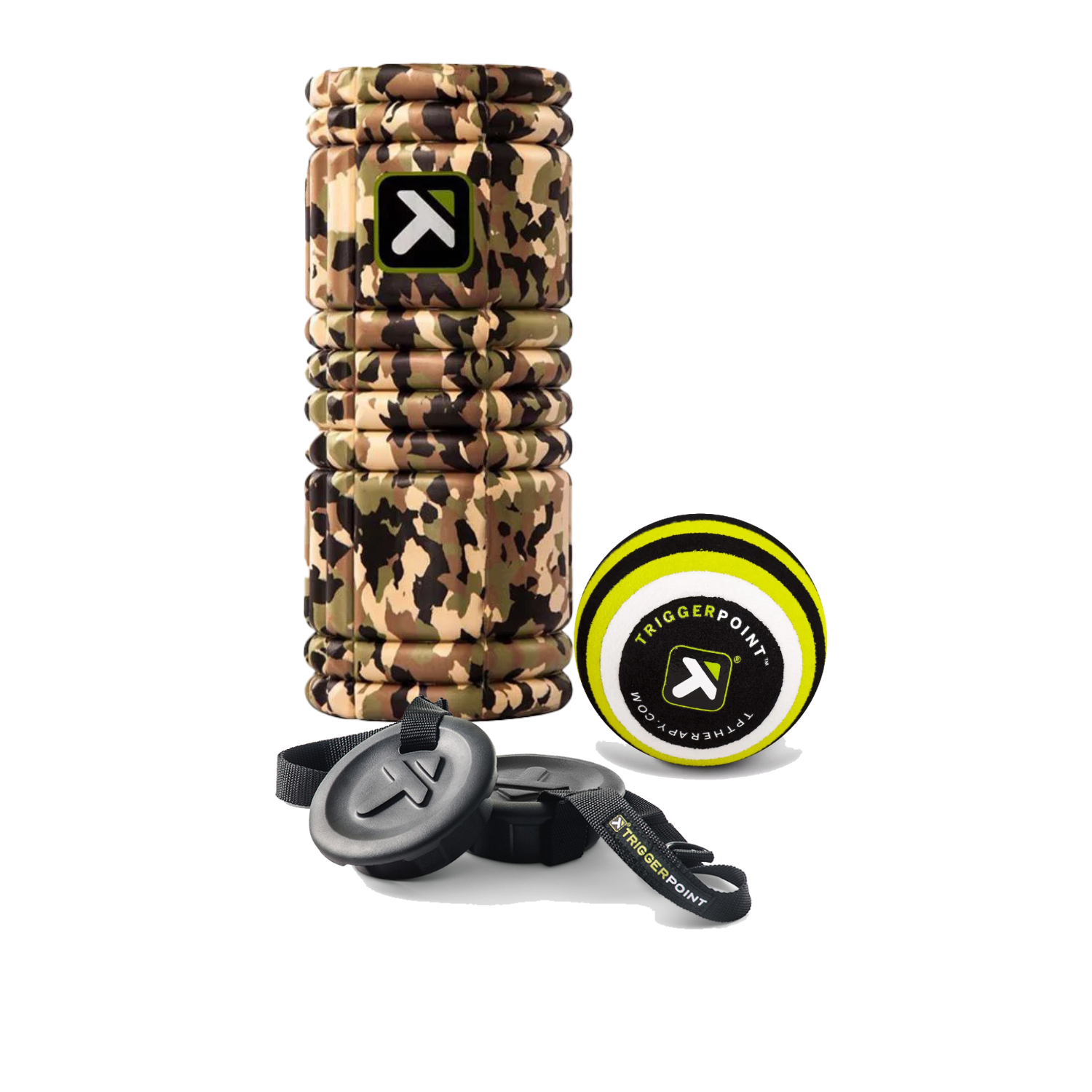 Набір для самомасажу TriggerPoint Basic Kit циліндр GRID 1.0, м'яч MB1 та чохол-заглушки з ременем Камуфляж хакі (BasicKit-350358)