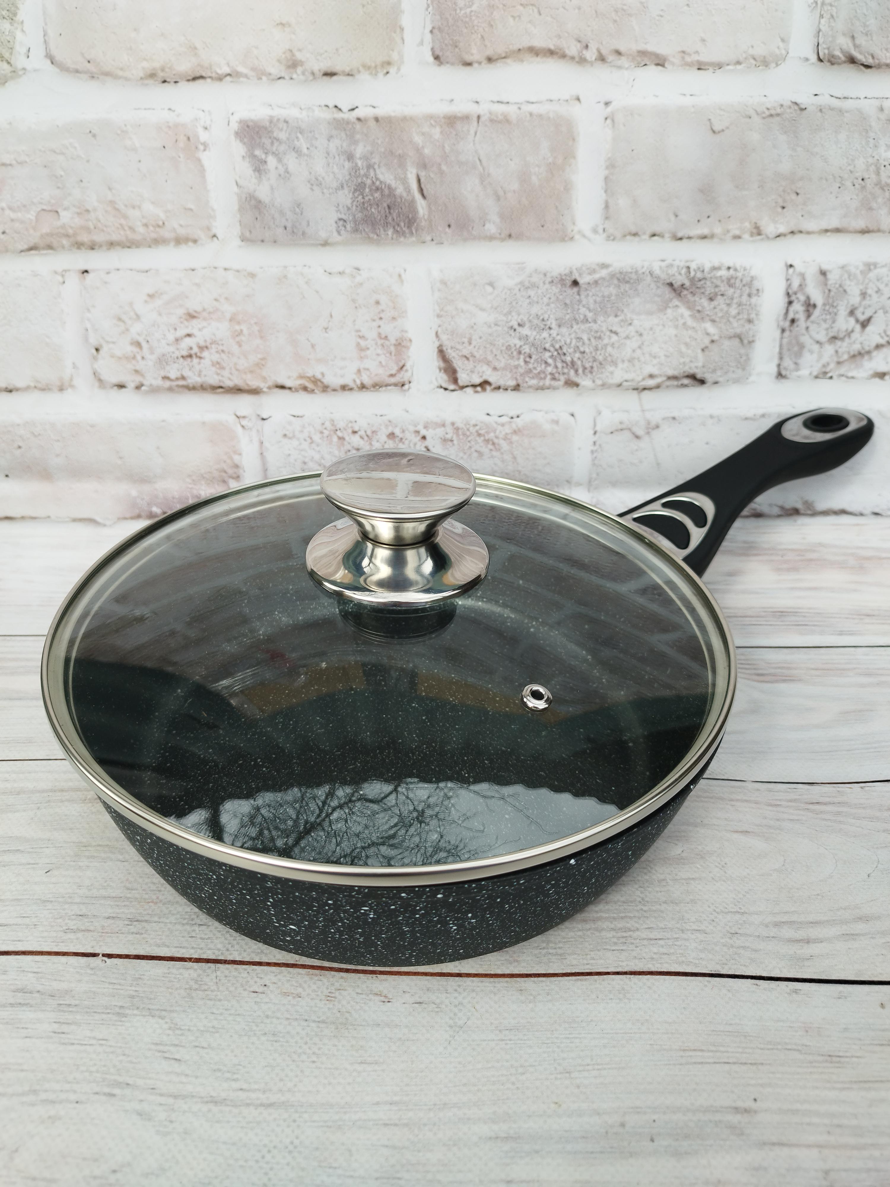 Сковорода глубокая с крышкой Benson BN-484 с мраморным антипригарным покрытием 28 см Черный (BN-484)