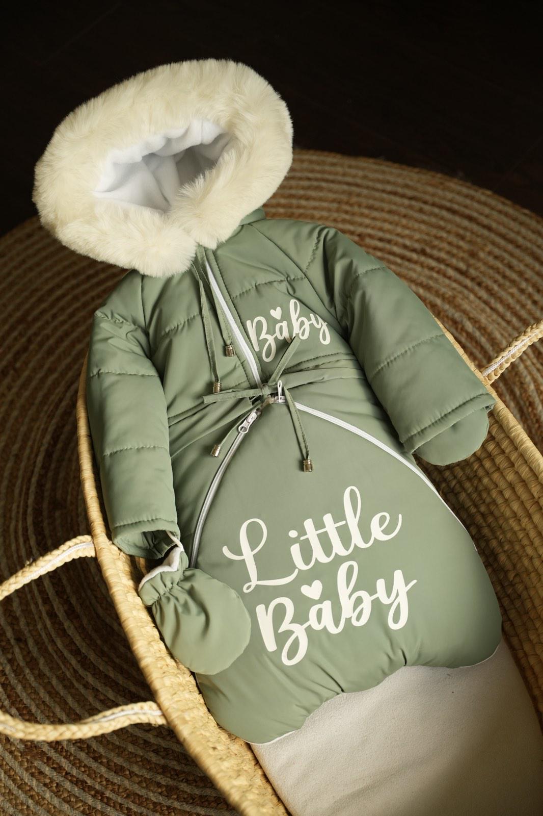 Комбінезон дитячий зимовий трансформер на овчині до двох років 3в1 Оливковий (946)