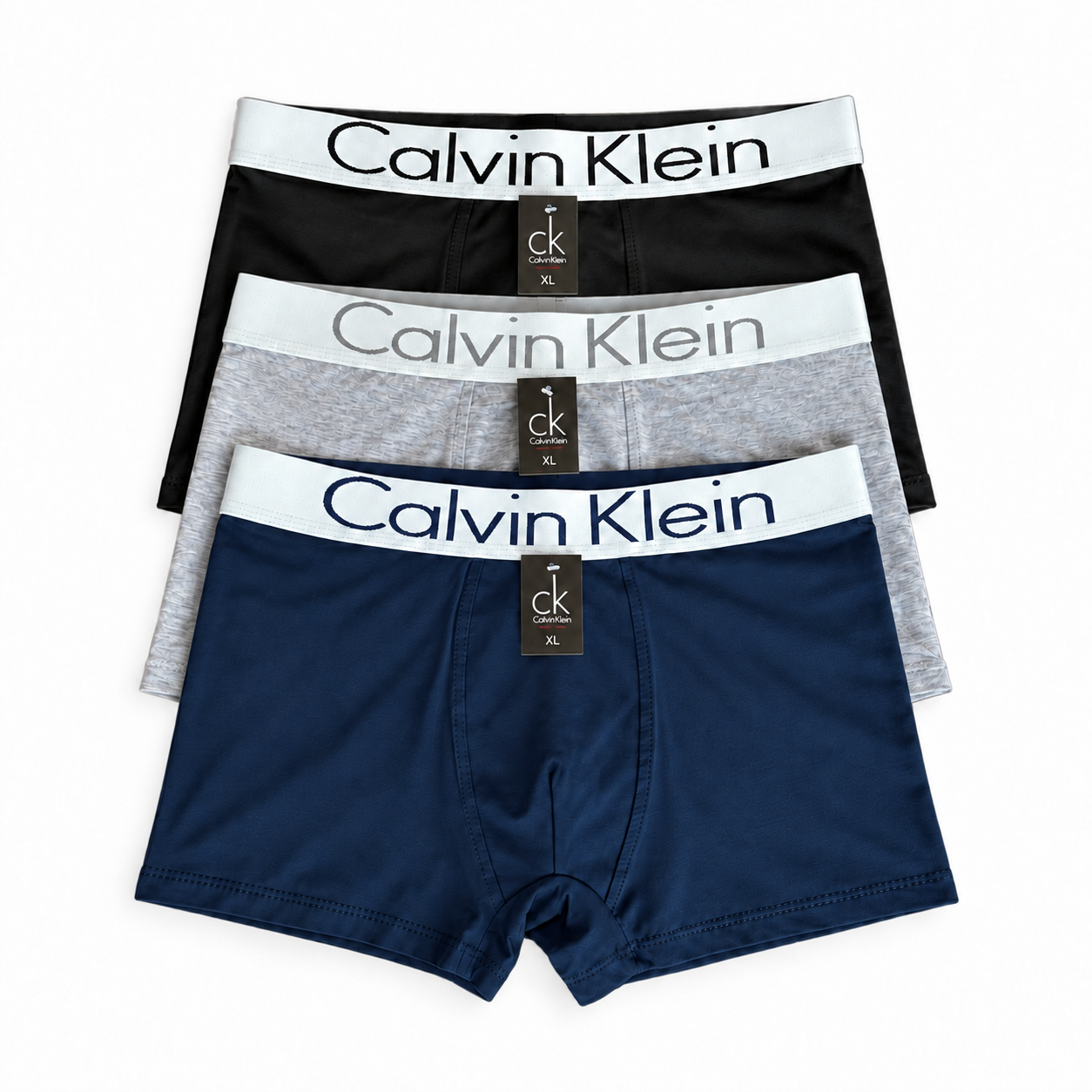 Набор трусов для мужчин в стиле Calvin Klein ХХL 3 шт. с белой резинкой Черный/Серый/Темно-синий (CK03-3-02)