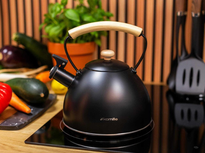 Чайник со свистком Kamille KM-0856 из нержавеющей стали с деревянной ручкой 2,5 л Черный (150-84-0856) - фото 4 Чайник со свистком Kamille KM-0856 из нержавеющей стали с деревянной ручкой 2,5 л Черный (150-84-0856) - фото 4