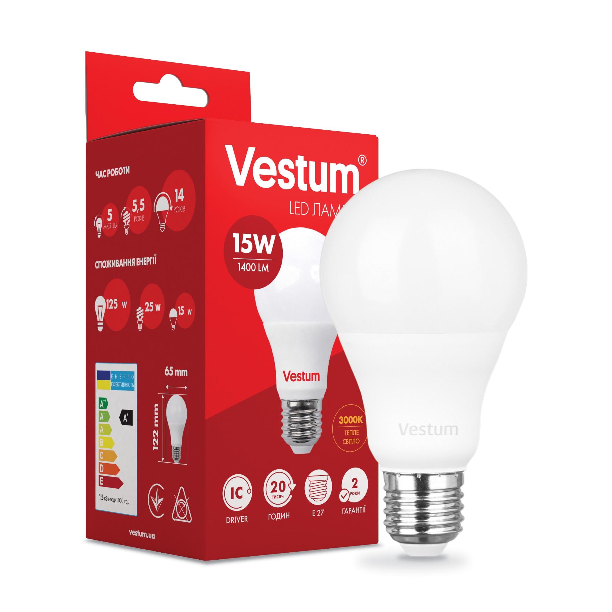 Лампа LED Vestum A65 15 W 3000K 220 V E27