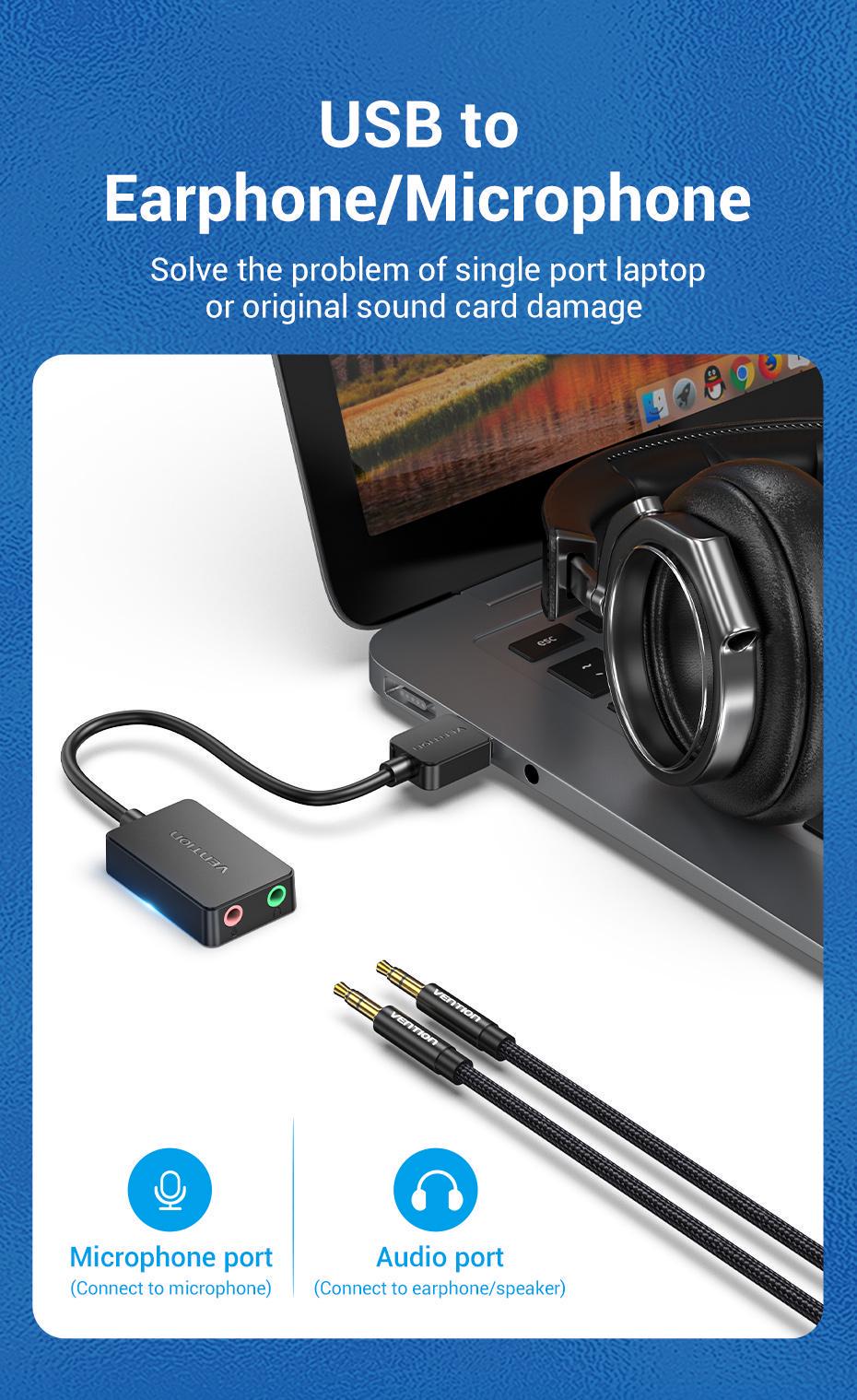 Зовнішня звукова карта Vention USB Два порти 3,5 мм шумозаглушення Plug&Play Сумісна з Windows Mac Linux 1 м Чорний (CDYBF) - фото 3 Зовнішня звукова карта Vention USB Два порти 3,5 мм шумозаглушення Plug&Play Сумісна з Windows Mac Linux 1 м Чорний (CDYBF) - фото 3