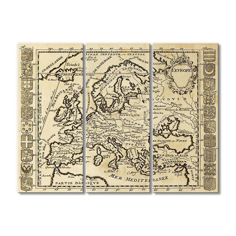 Винтажная карта Старинная Европы карта с флагами стран 3 модуля 50x75 см
