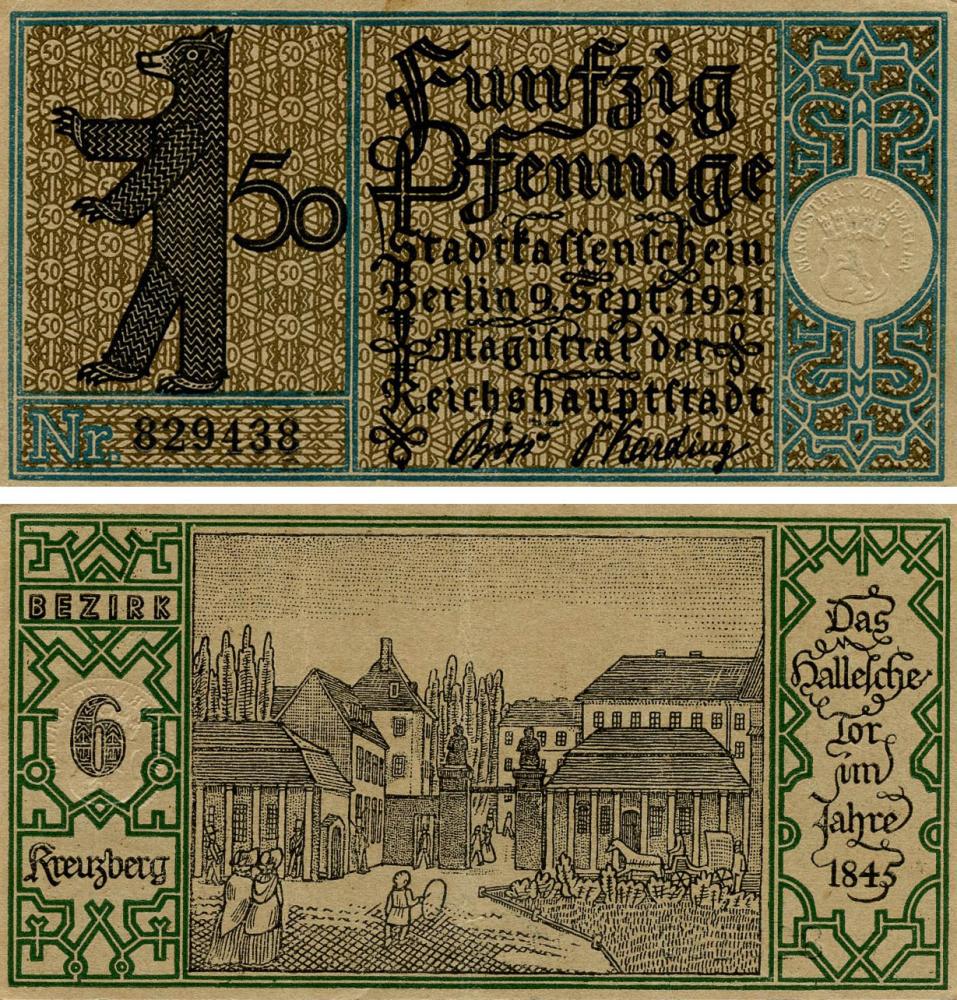 Коллекционная банкнота Германия Нотгельд 50 пфеннигов 1921 F-VF Берлин Разновидность 4 (Б18837)
