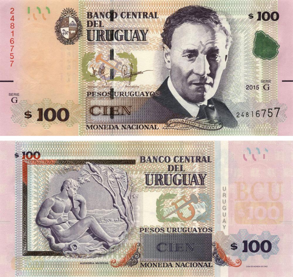 Коллекционная банкнота Уругвай 100 песо 2015 UNC серия G P95 (Б10477)