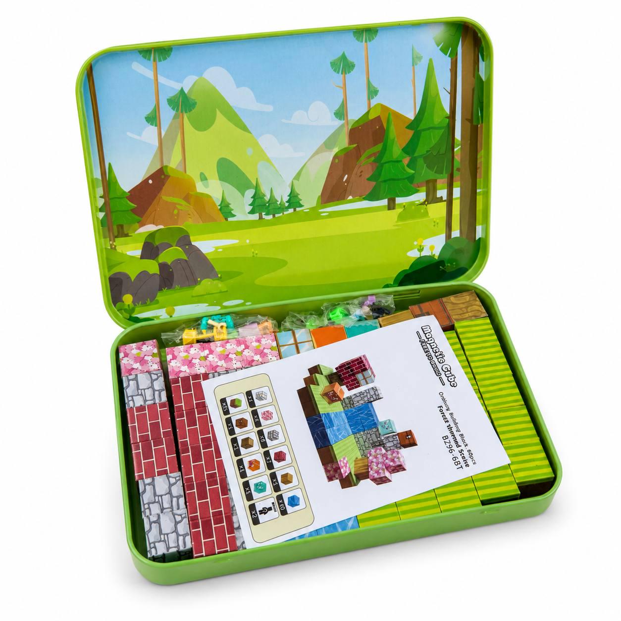 Магнитный конструктор Minecraft Magnetic Cube Forest World 60 деталей в металлическом кейсе (M1042)