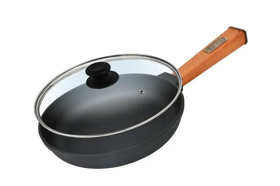 Сковорода чугунная Optima Brizoll со стеклянной крышкой и деревянной ручкой 260x60 мм