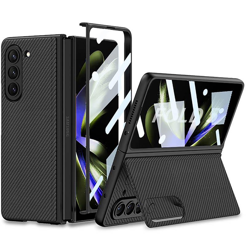 Противоударный кожаный чехол GKK 360 + Glass с подставкой для Samsung Galaxy Z Fold5 Carbon
