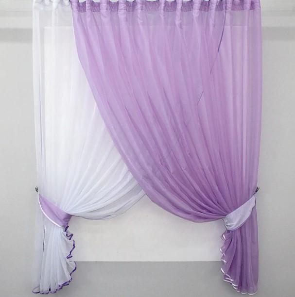 Занавеска кухонная с подвязками шифон 330х170 см Сиреневый/Белый (060к)