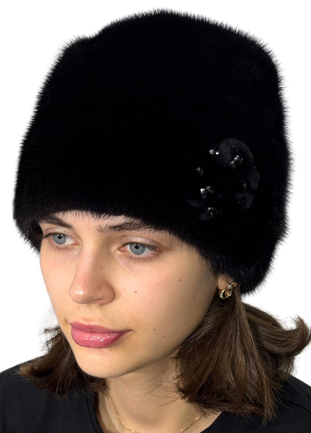 Кубанка женская Меховой стиль с пряжкой из натурального цельного меха норки M-L Черный (071/A)