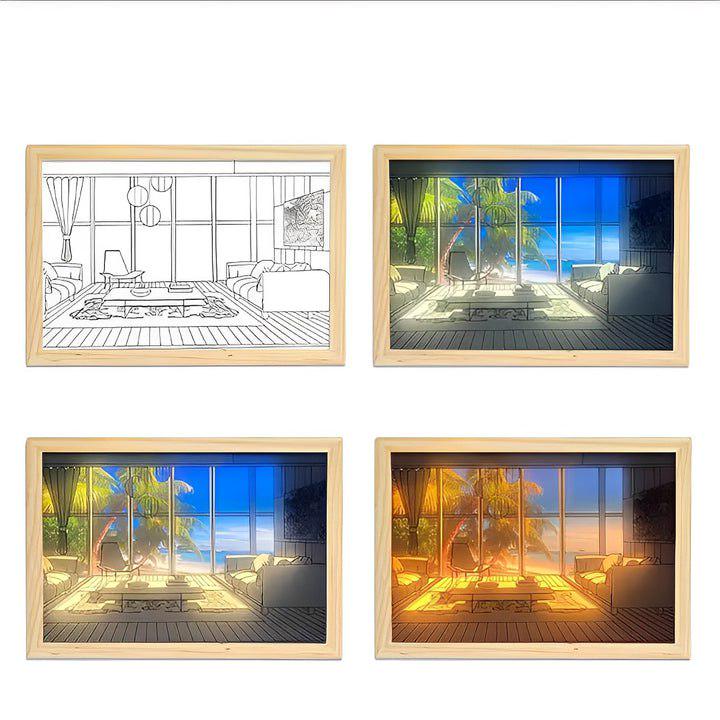 Ночник Led с пейзажем моря и пальмами деревянная рамка 3 режима - фото 3