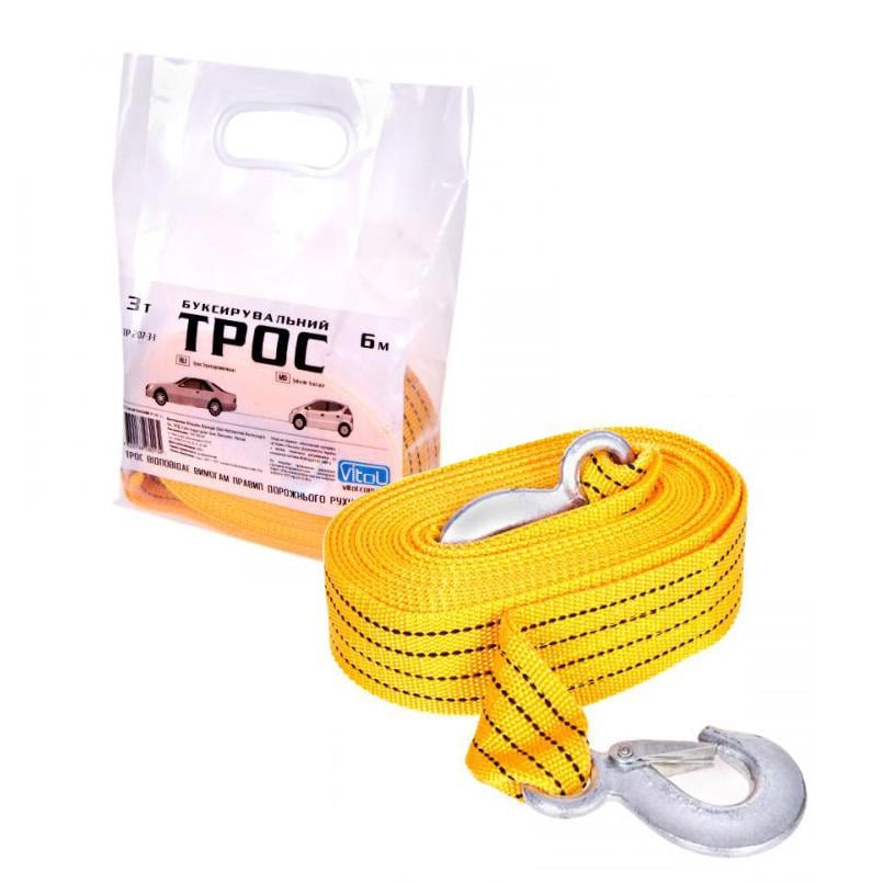Трос буксировочный ST205B/TP-207-3-1 3т лента 46мм х 6м желтый/крюк/в кульке (TP-207-3-1)