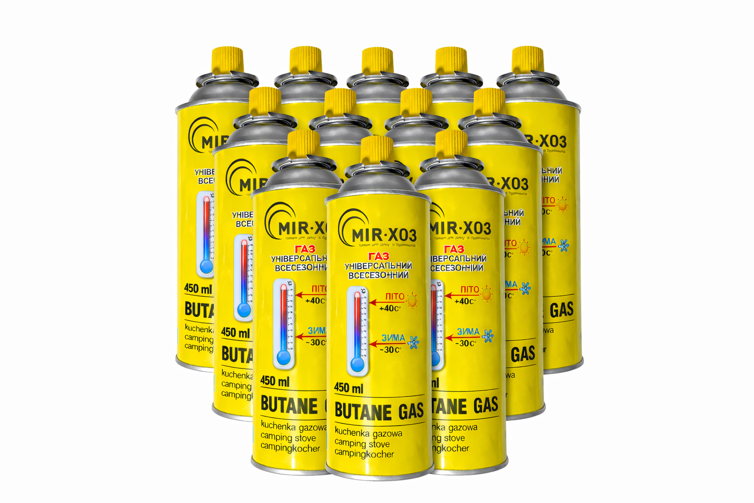 Баллон газовый всесезонный Mir-XOZ -30° + 40° 227 г/450 мл цанговый 12 шт.
