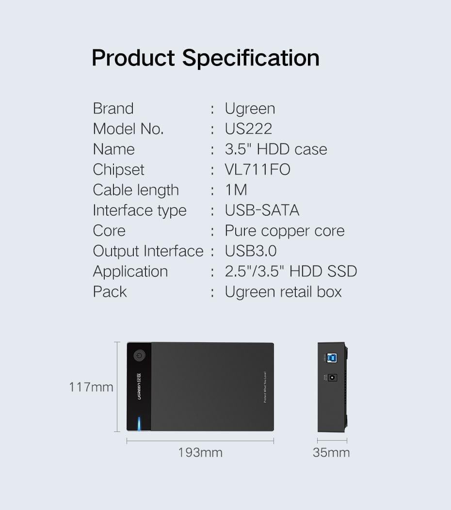 Корпус UGREEN для SSD/HDD 3,5 и 2,5 дюймовых/5 Гбит/с USB 3.0 до SATA III с кабелем USB-Micro-USB Type-B 3.0 Micro-B Черный (50422) - фото 7