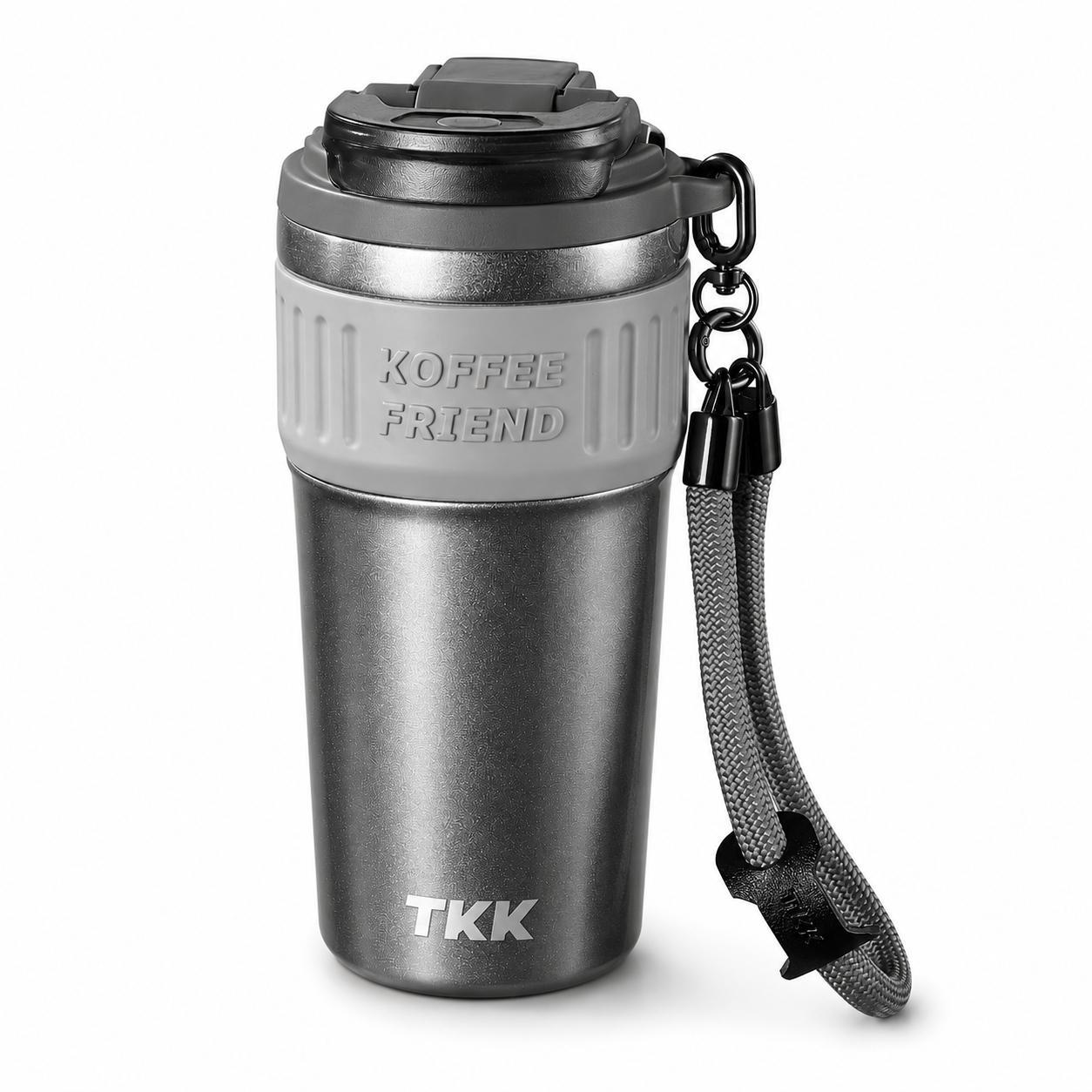 Термокружка TerraFlow Coffee двойные стенки сталь 316 керамическое покрытие с ремешком 630 мл Светло-серый (3112268079)