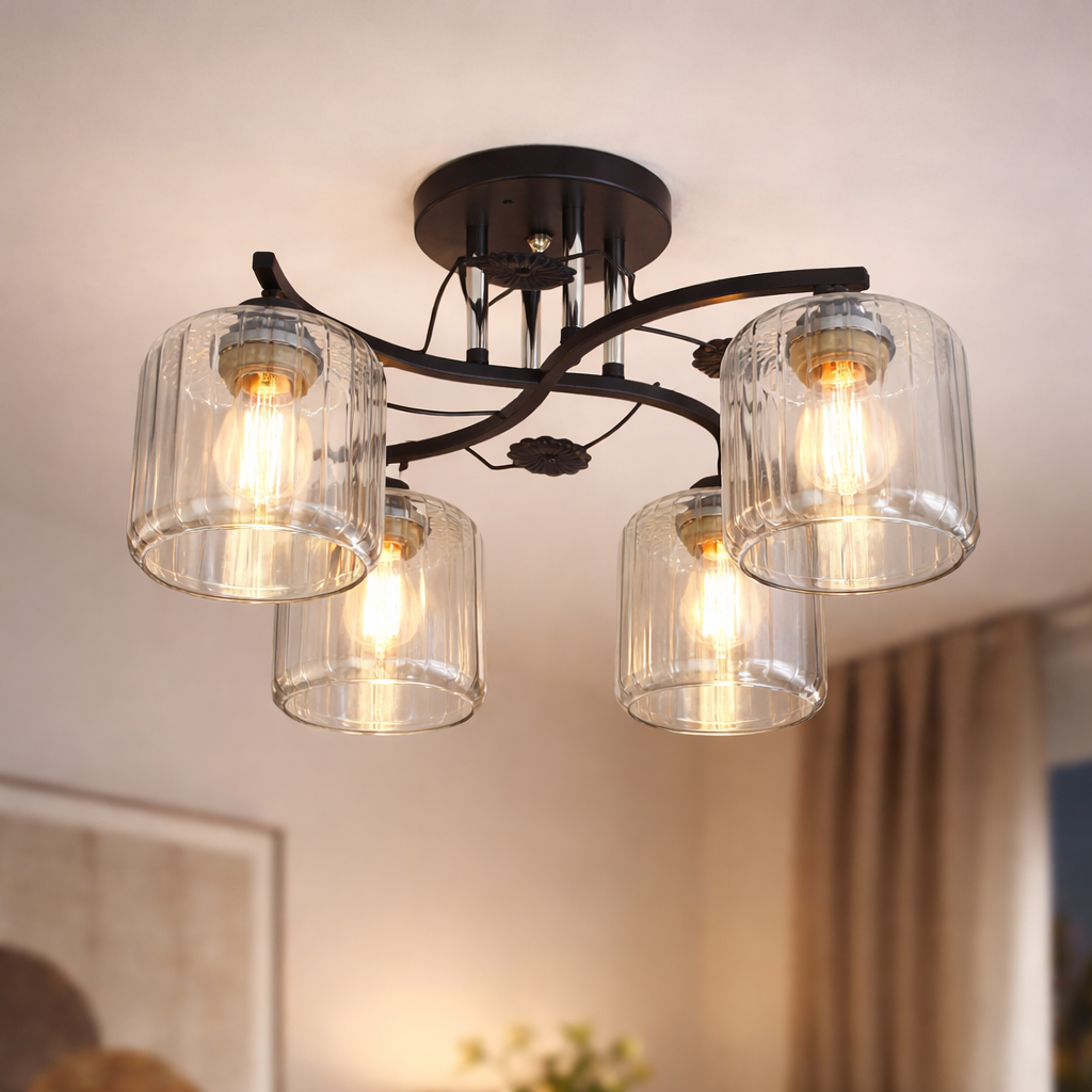 Люстра Valeso с металлическим каркасом под четыре лампы Е27 Черный/Хром (Ю 2406B/4 BK+CR)