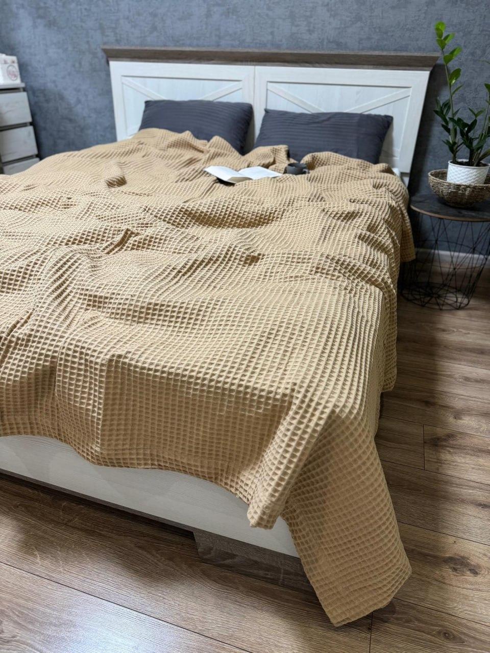 Покрывало летнее вафельное двуспальное Бежевый (Д-post-vafl-002)