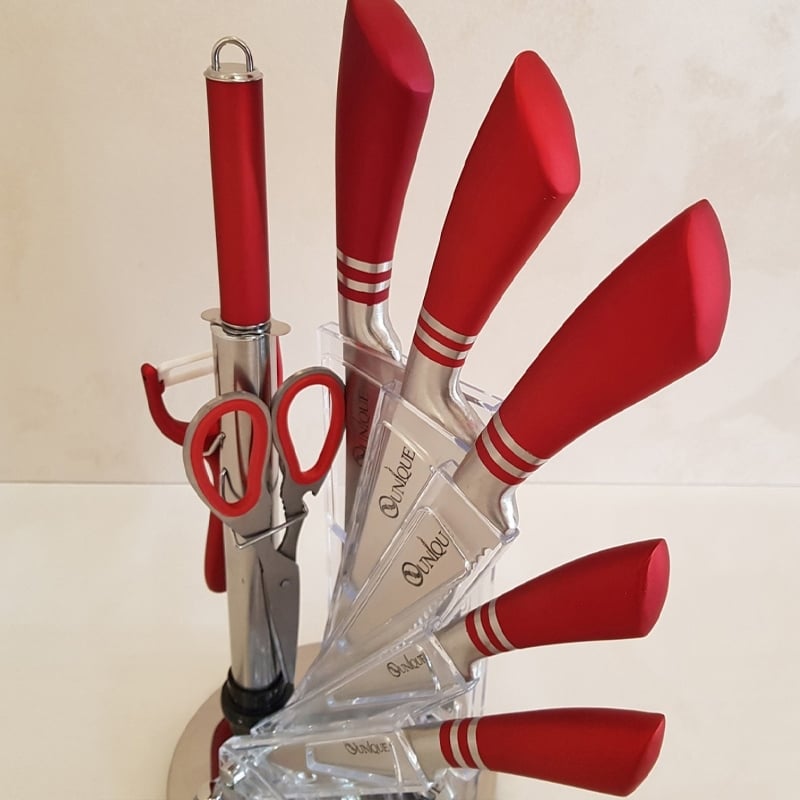 Набір ножів кухонних Unique UN-1832 нержавіюча сталь з підставкою 9 пр. Red (23793638) - фото 4 Набір ножів кухонних Unique UN-1832 нержавіюча сталь з підставкою 9 пр. Red (23793638) - фото 4