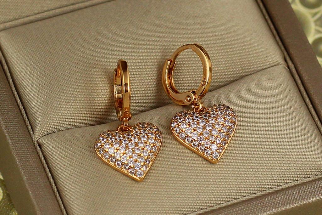 Серьги подвески Xuping Jewelry сердце с фианитами 2,4 см Золотистый (2560748067)