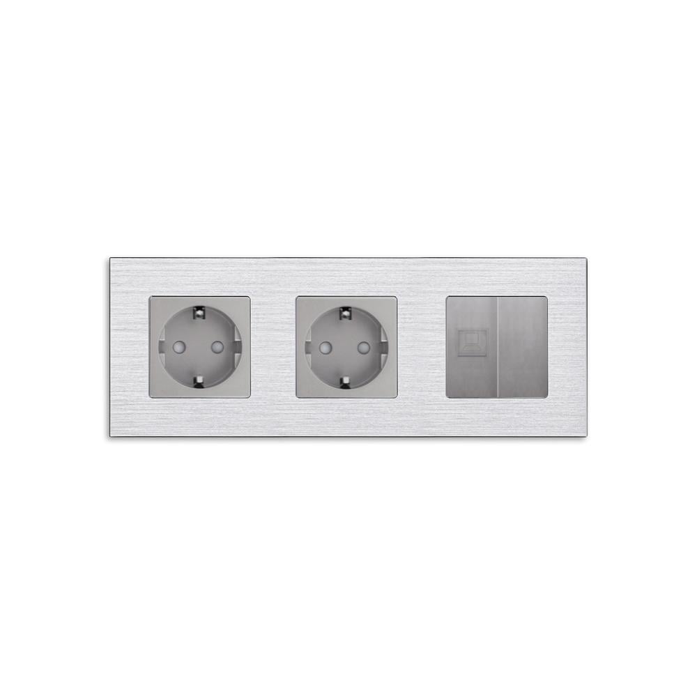 Розетка трехместная WALLPAD силовая/интернет RJ-45 настенная алюминиевая рамка Серый (WP-M3FCAT6BLK-GY)