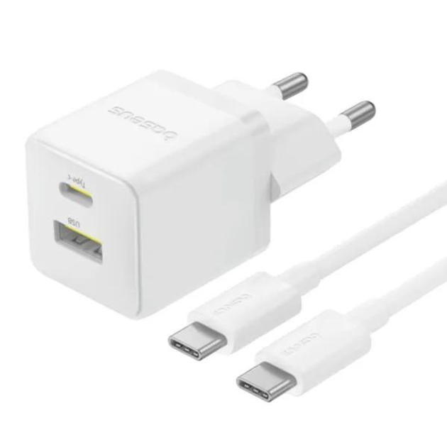 Зарядний пристрій мережевий BASEUS Palm Fast Charger Type-C+USB 30W с Cable Type-C to Type-C 60W P1011160A213-01 20V/3A 1 м White