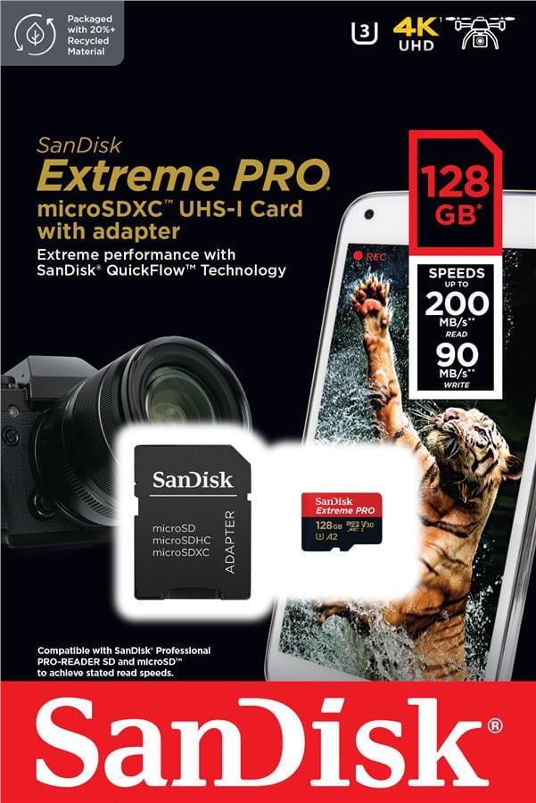 Карта пам'яті SanDisk 128 GB microSDXC C10 UHS-I U3 R200/W90 MB/s Extreme Pro V30+SD (ERC-SDSQXCD-128G-GN6MA) - фото 2