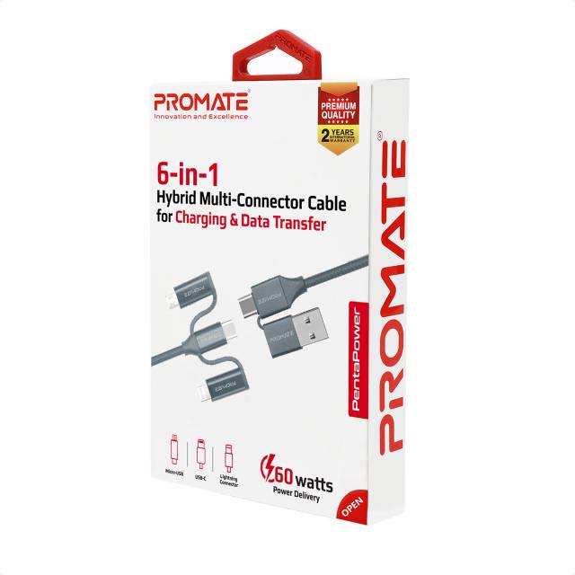 Кабель Promate PentaPower USB-C/USB-А to USB-C/microUSB/Lightning 1,2 м Grey - фото 7