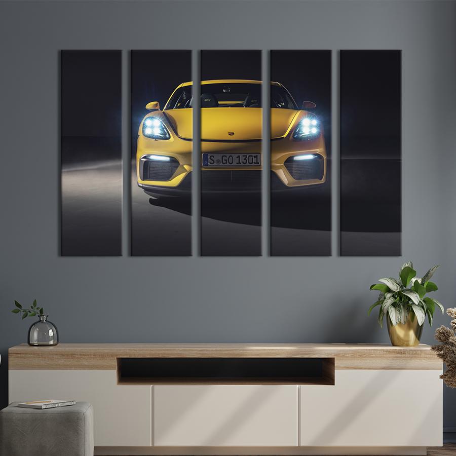 Картина на холсте Роскошный жёлтый Porsche 718 Cayman 155x95 см (1384-51)
