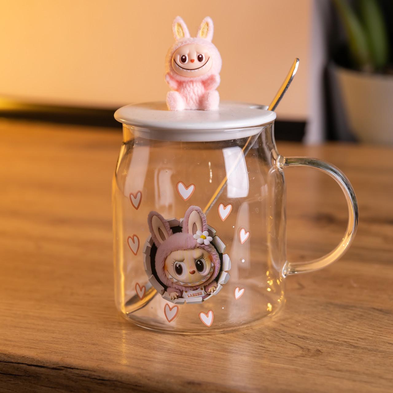Чашка стеклянная Labubu Mokoko с ложкой и крышкой 600 мл (FM-56B)